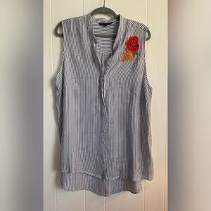 New Leaf Blouse Women’s 1X Blue White Striped Tunic Floral Appliqué Button Up
